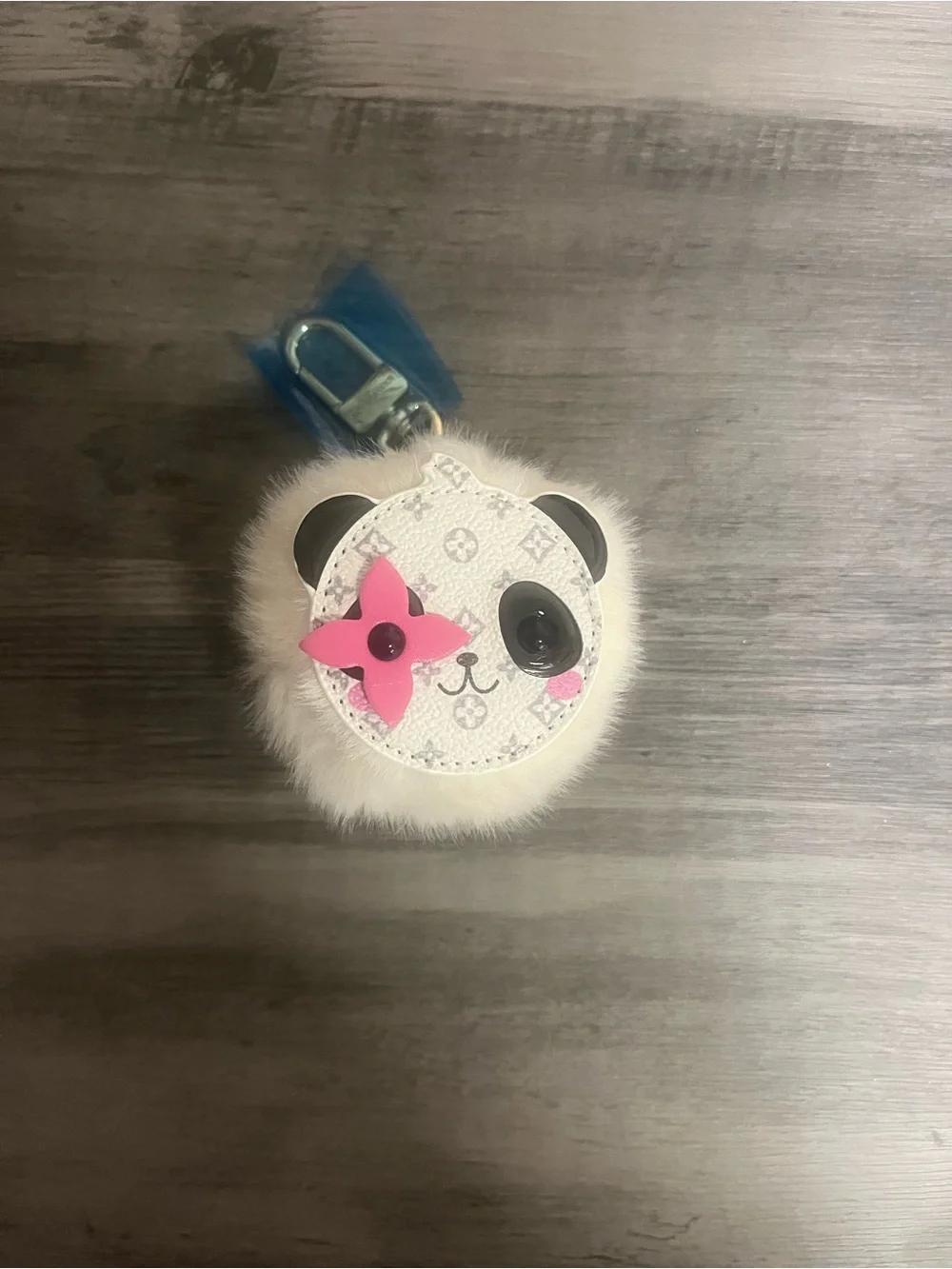 White Panda Faux Fur Keychain Bag Charm with Pink Flower Accent
